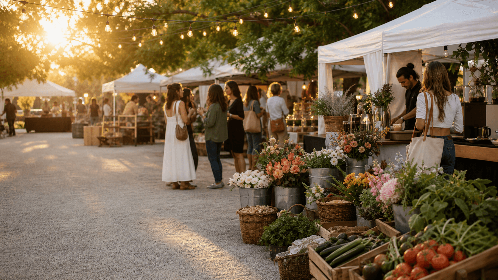 A golden-hour farmers market with flowers, produce, vendor tents, and string lights